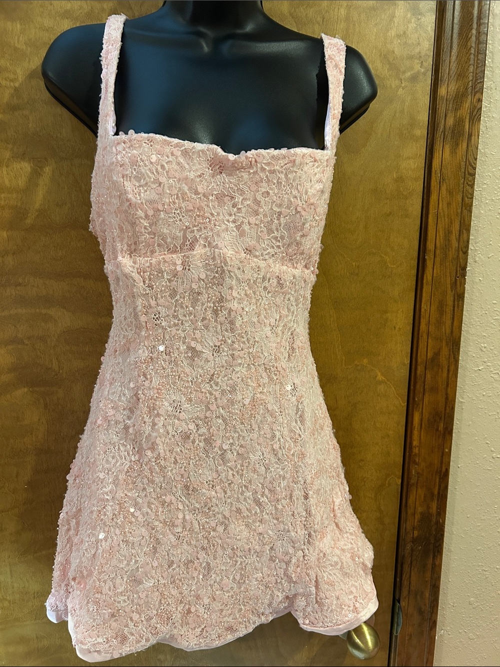 Pink Lace A-Line Sundress with Square Neck - Homecoming
